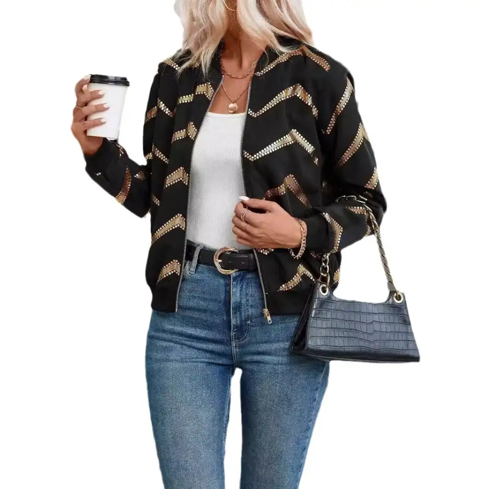 Versatile Zip Front Ribbed Trim Bomber Jacket