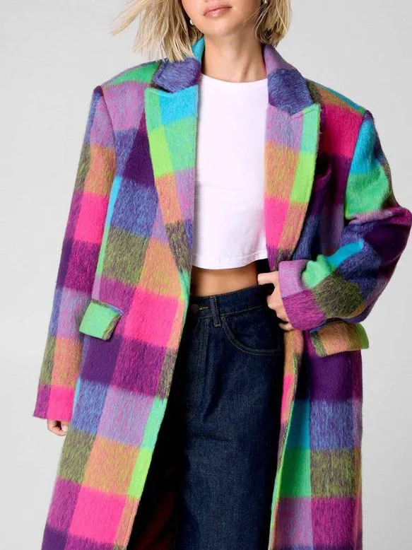 Rainbow Plaid Fuzzy Fleece Long Coat