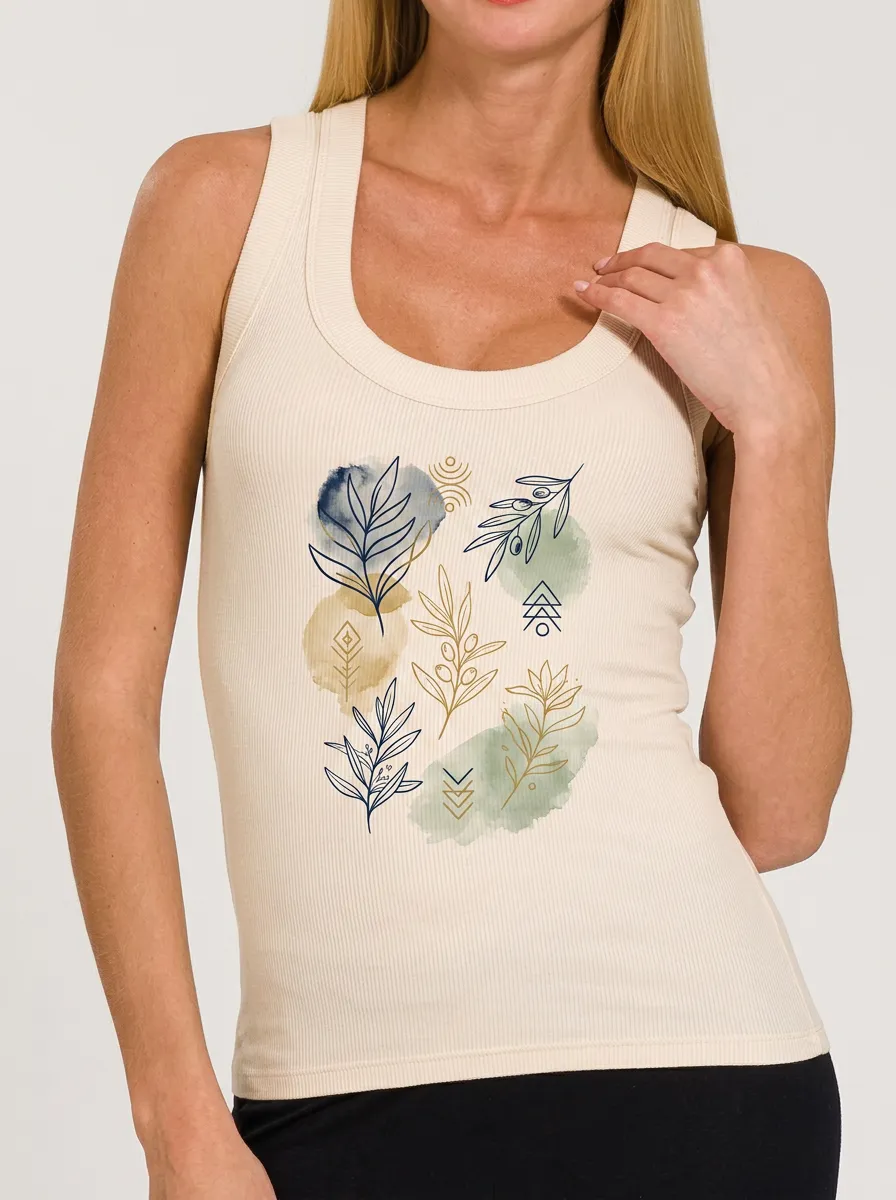 Women's Botanical Boho Art Olive Branch Watercolor Printed Tank Top