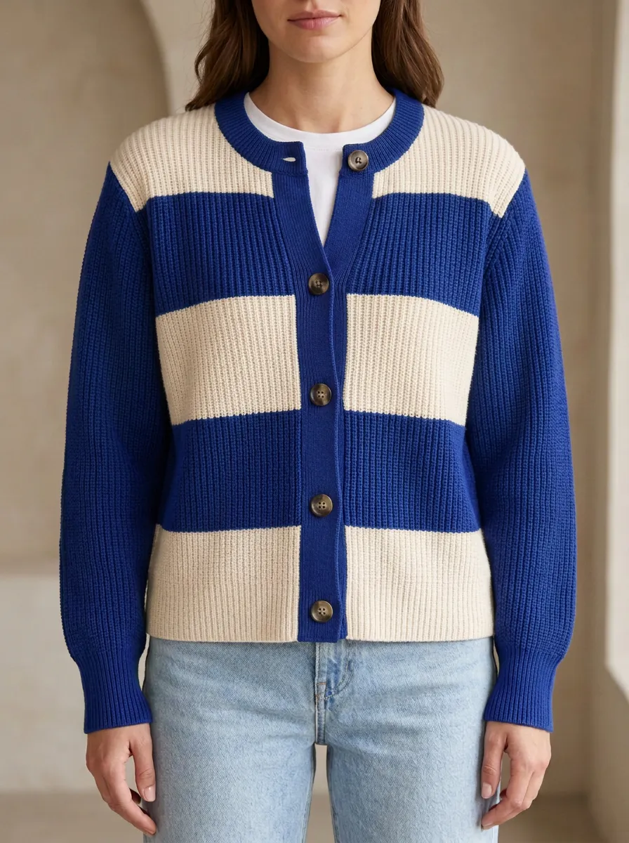 Classic Waffle Distinctive Rugby Striped Knit Cardigan