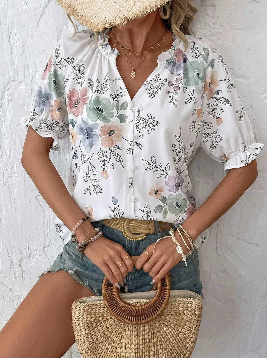 Women's Floral Botanical Watercolor Printed V-Neck Blouse