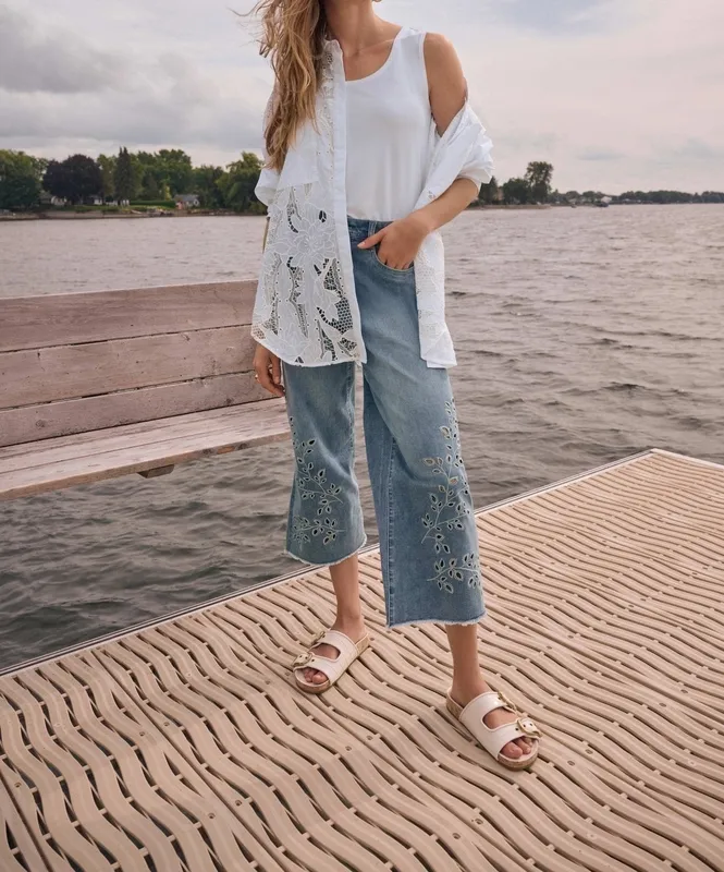 Cotton Denim Embroidered Eyelet Jeans