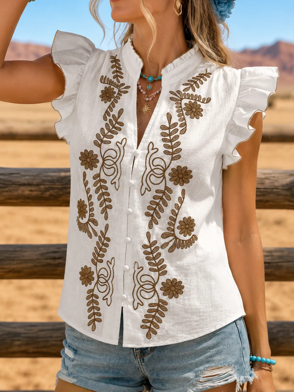 Women's Floral Embroidery Ruffle Sleeveless Stand Collar Western Button Front Vest Top