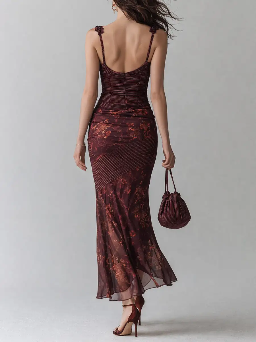 Retro Striped Flower Splicing Suspender Maxi Dress