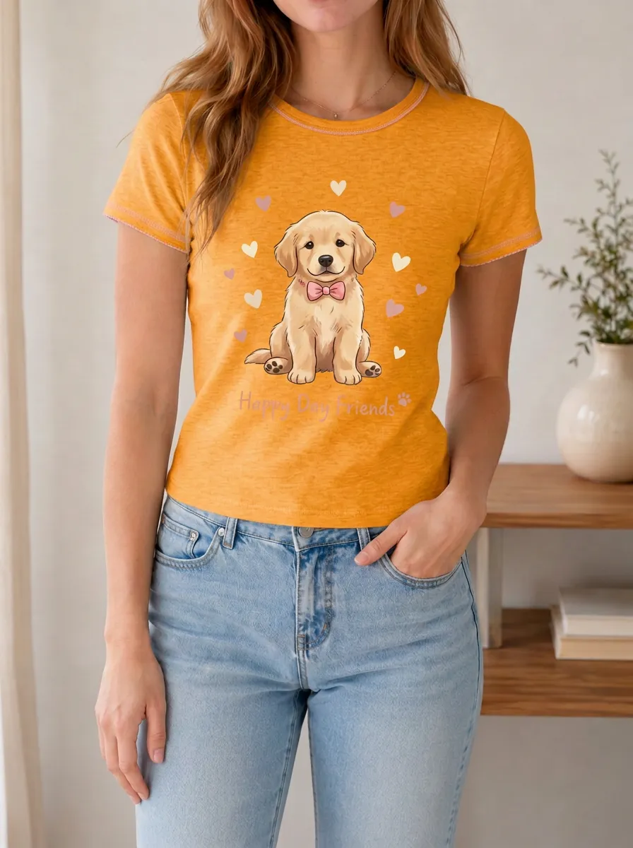Women's Dog Lover Golden Retriever Bowtie Hearts Printed T-shirt