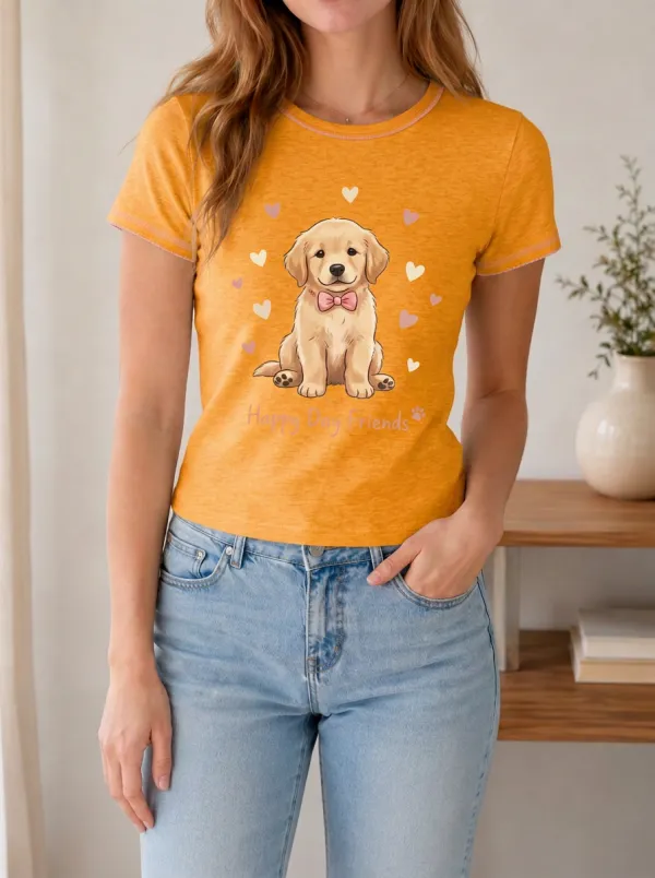 Women's Dog Lover Golden Retriever Bowtie Hearts Printed T-shirt