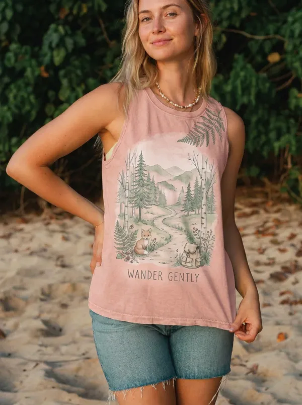 Women's Nature Lover Fox Forest Path Wander Gently Printed Tank Top
