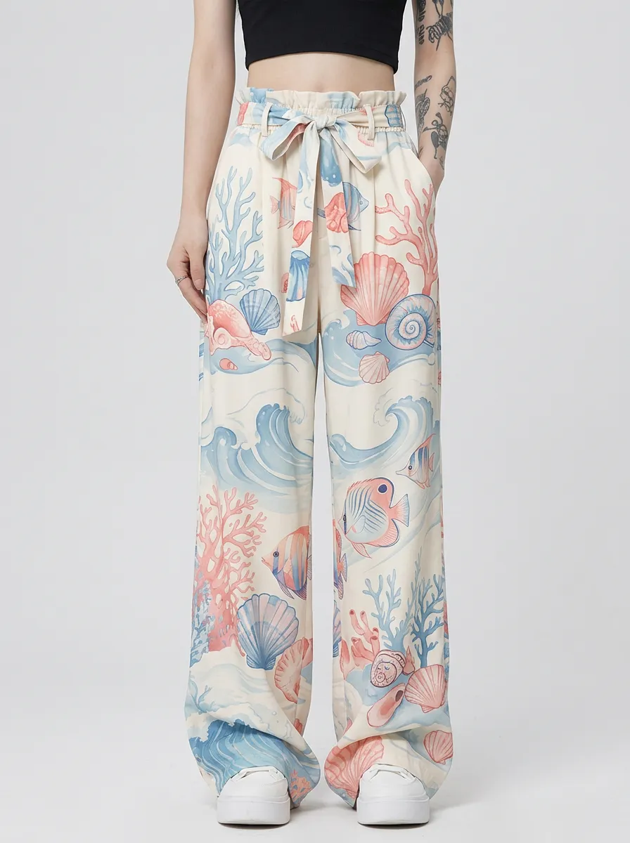 Women's Ocean Beach Lover Coral Shell Fish Printed Wide Leg Pants