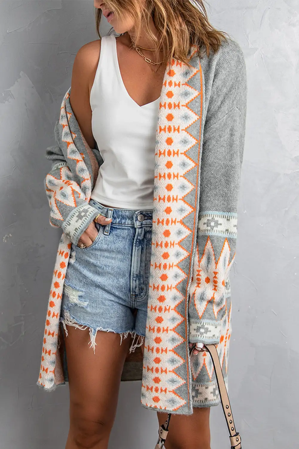 Print Open Front Knit Long Sleeve Cardigan