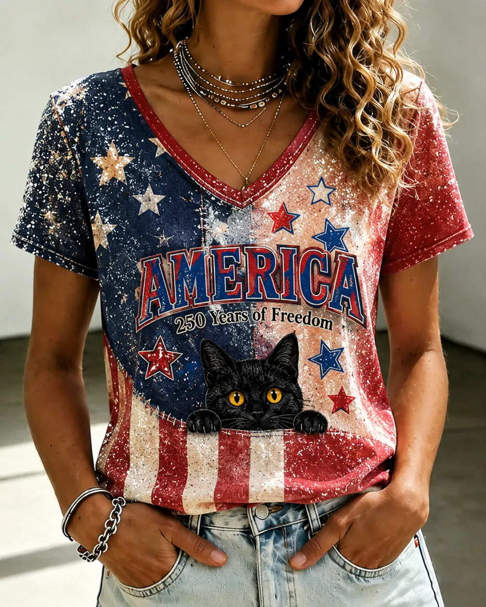 Women'S Flag Flower Cat Print Casual V-Neck Top