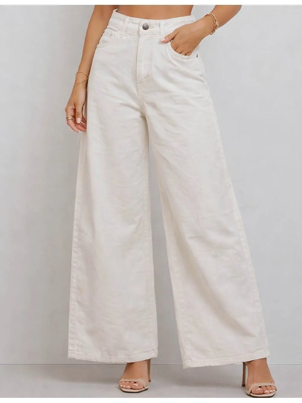 Jacquard Button Pocket Wide Leg Denim Pants