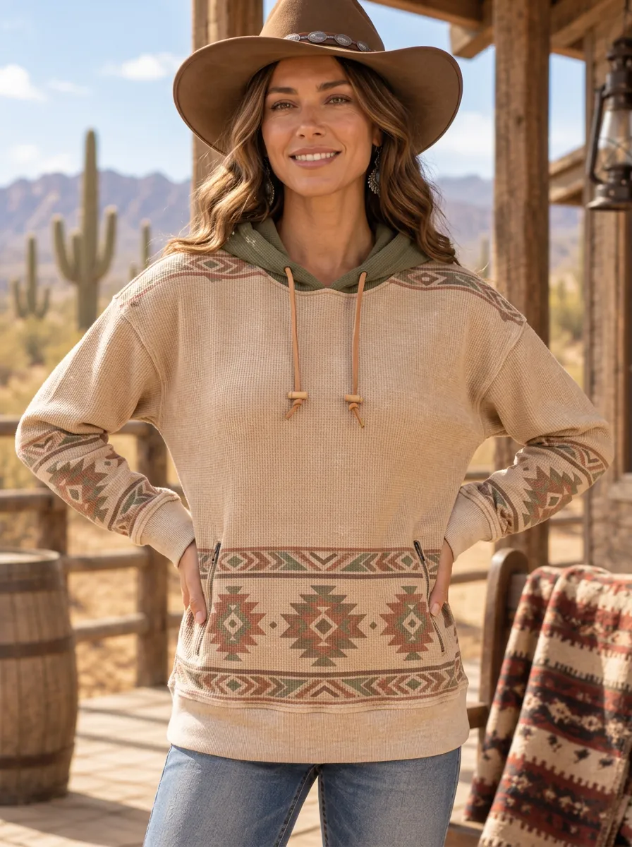 Women's Western Boho Geometric Pattern Printed Hoodie