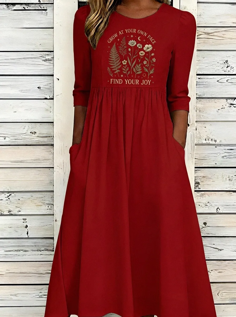 Women's Botanical Quote Floral Printed Midi Dress