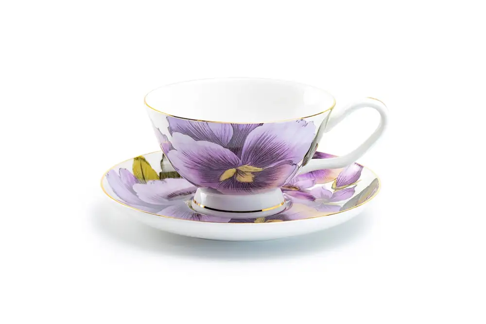 Classic Pansy Bone China Tea Cup And Saucer