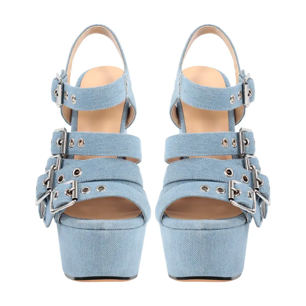 Denim Platform Wedge Heel Buckle Strap Sandals