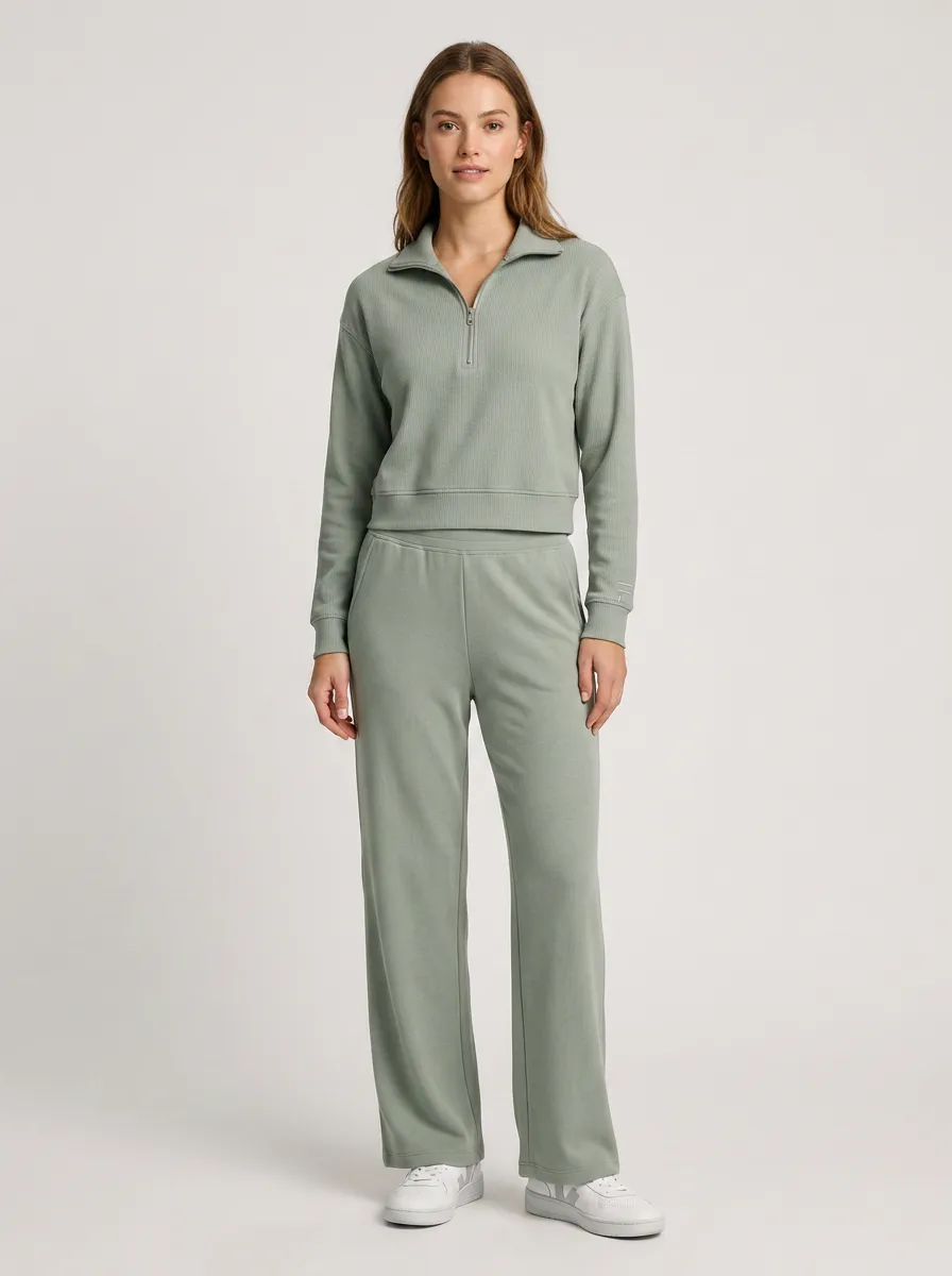 Women's Sage Green Ribbed Quarter-Zip Pullover Wide-Leg Lounge Set