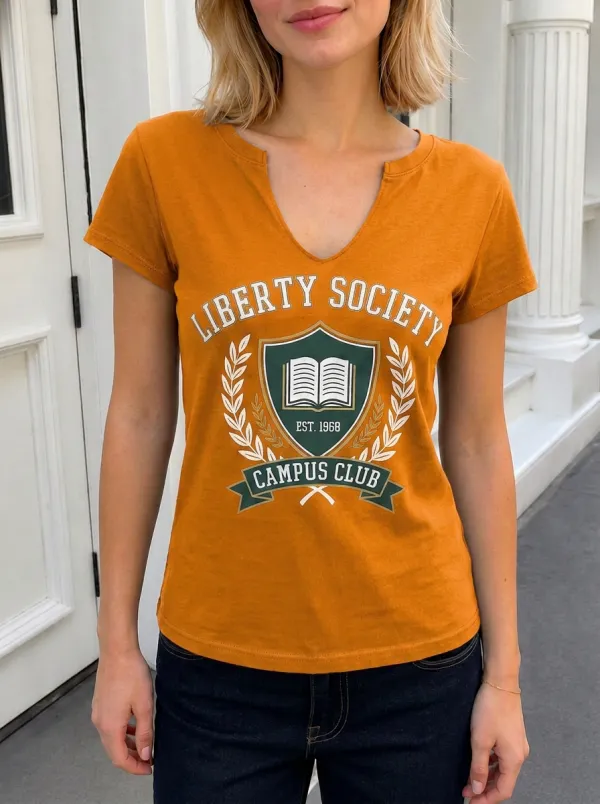 Women's Liberty Society Campus Club Book Shield Printed V-neck T-shirt