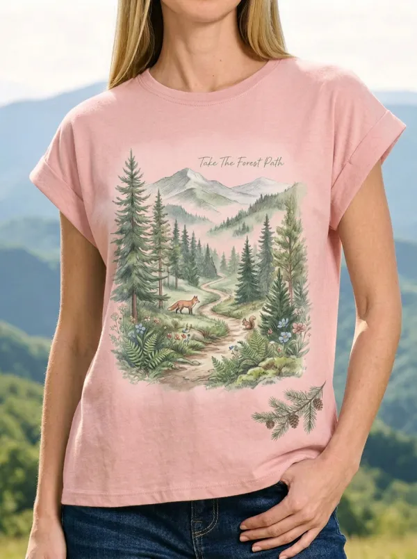 Women's Nature Lover Fox Forest Path Watercolor Printed T-shirt