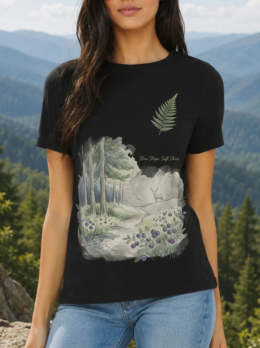 Women's Forest Nature Lover Deer Fern Blueberry Printed T-shirt