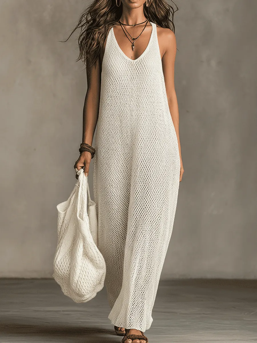 Bohemian Relaxed Sleeveless Wide-Leg Olive Knit Maxi Dress