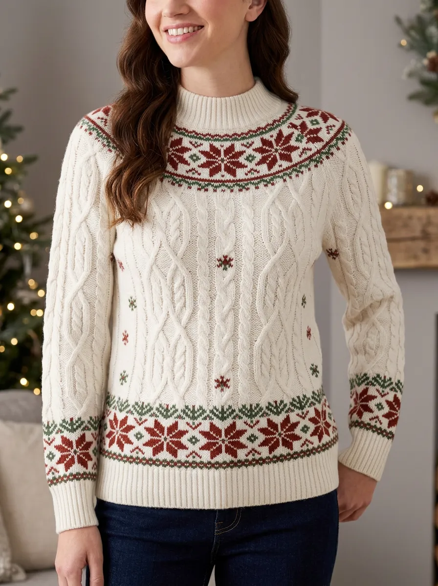Festive Christmas Holiday Snowflake Fair Isle Cable Knit Sweater