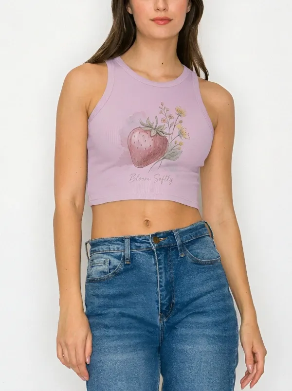 Women's Botanical Strawberry Bloom Softly Printed Crop Top