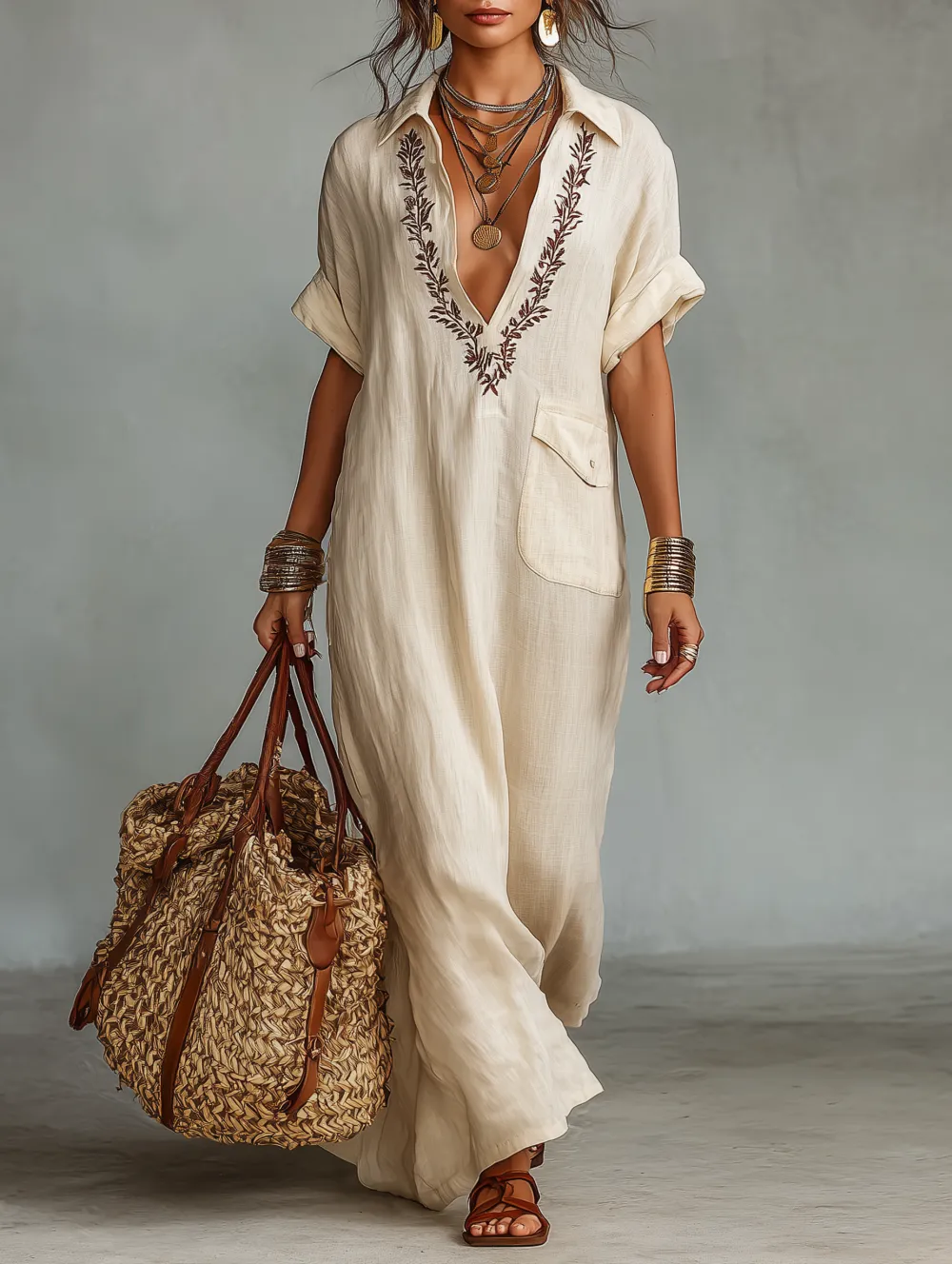Minimalist Linen Blend Embroidered Short-sleeved Shirt Maxi Dress