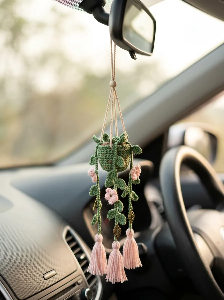 Crochet Tassel Floral Rearview Mirror Hanging Ornament
