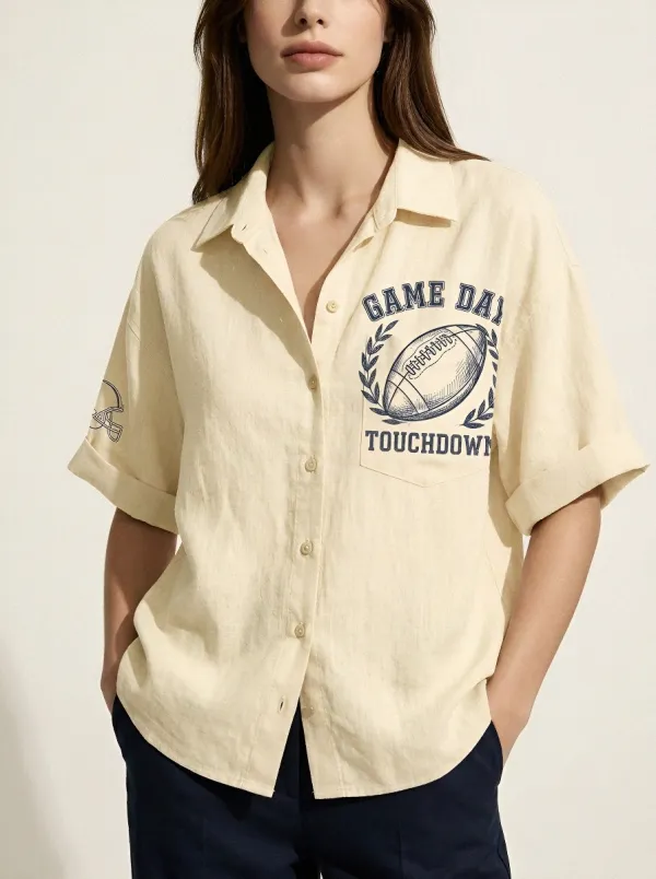 Women's Football Fan Game Day Touchdown Printed Linen Shirt