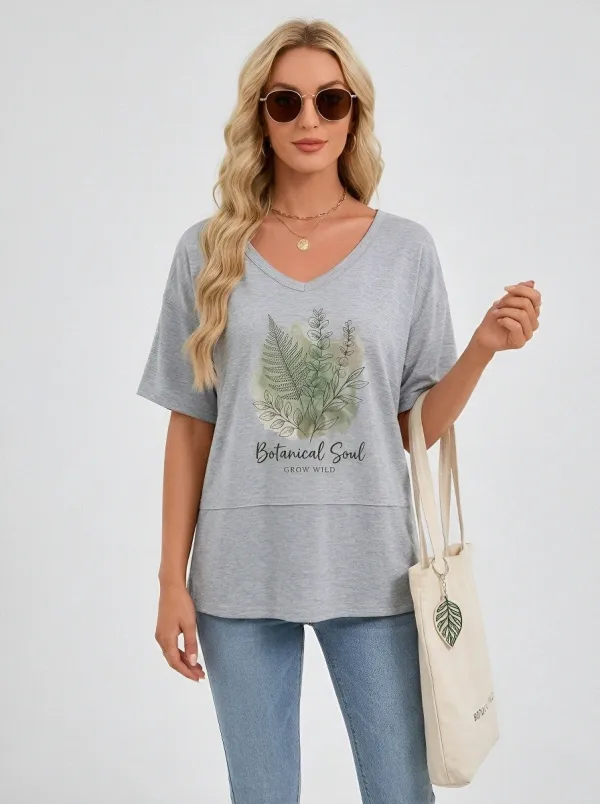 Women's Botanical Soul Fern Leaf Watercolor Printed V-neck T-shirt
