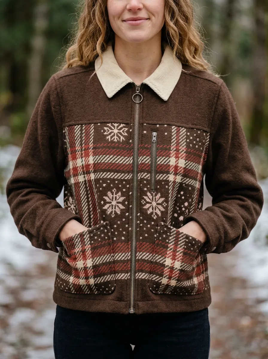 Christmas Holiday Plaid Snowflake Print Jacket