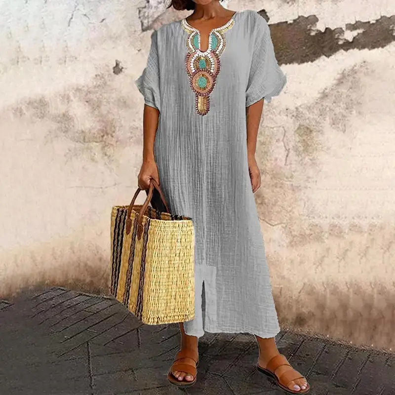 🌿Women's Embroidered Maxi Dress with Front Slit