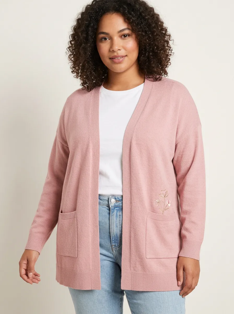 Pink Casual Floral Embroidered Open-Front Cardigan