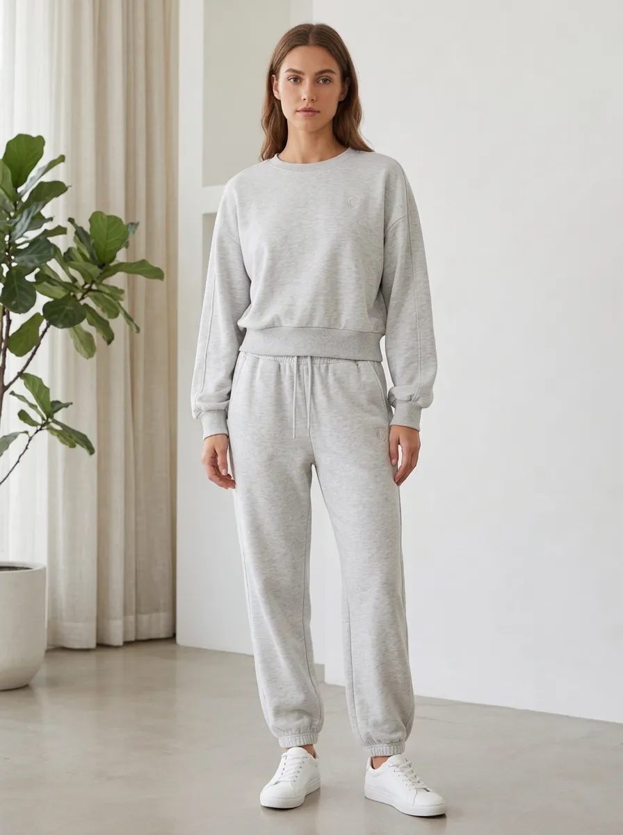 Women's Casual Minimalist Grey Embroidered Lounge Set