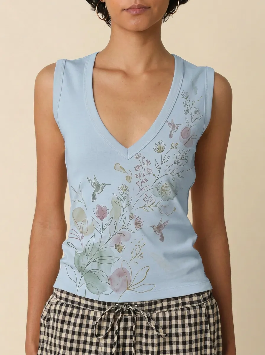 Women's Nature Lover Hummingbird Floral Watercolor Printed Tank Top