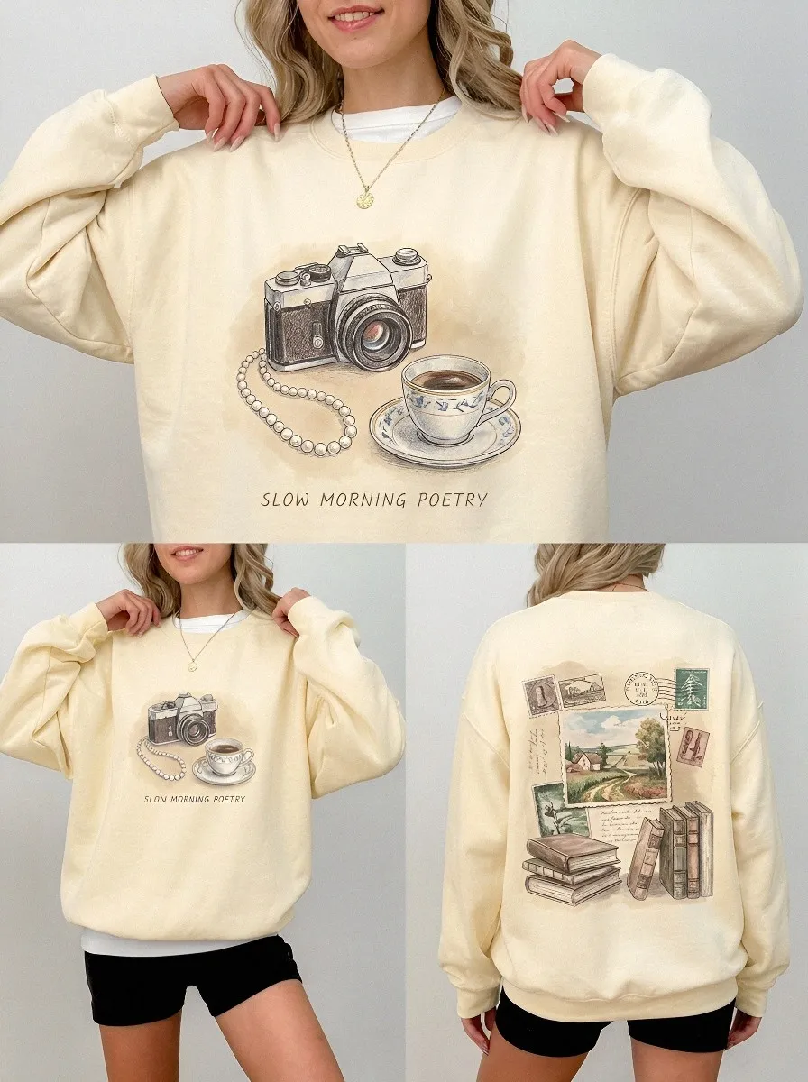 Women's Vintage Camera Coffee Books Printed Sweatshirt
