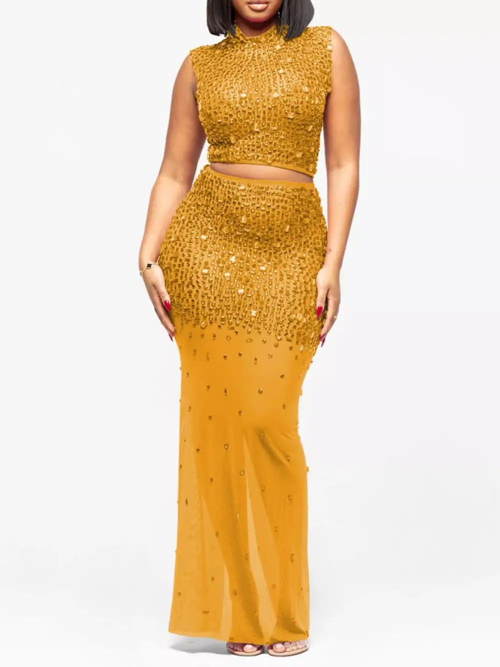 Sleek Rhinestone Sleeveless Top And Skirt Set