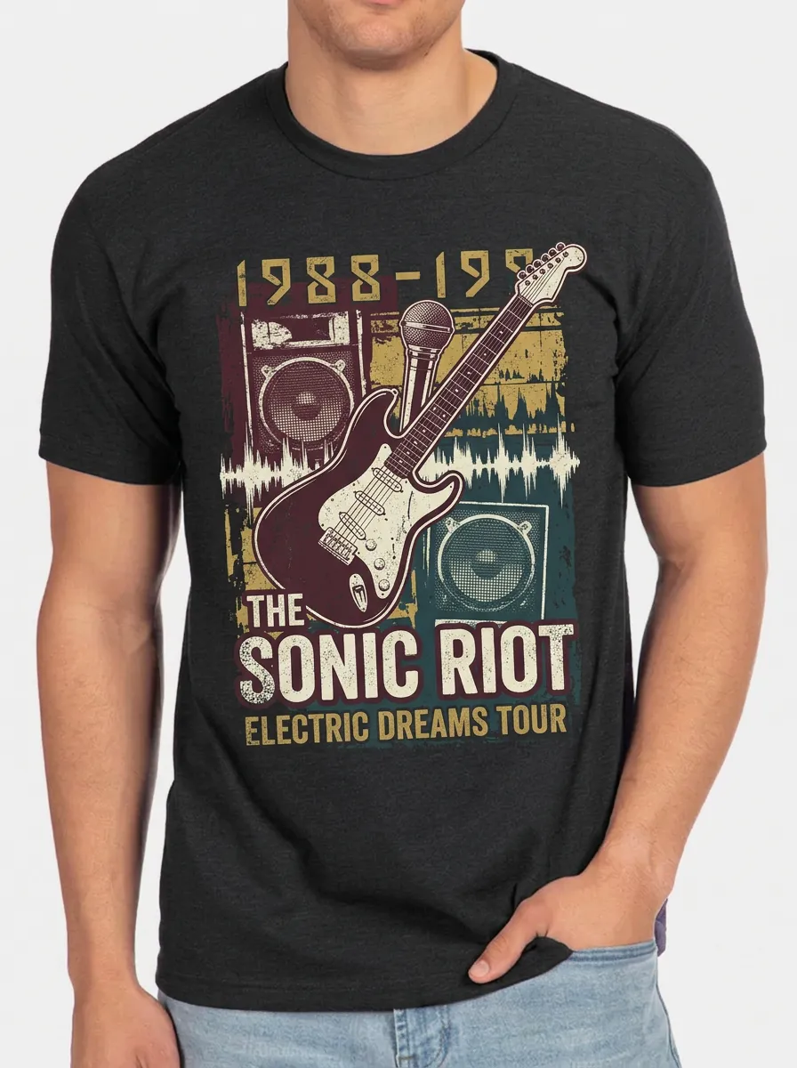 Men's Rock Music Lover Vintage Guitar Microphone Printed T-shirt
