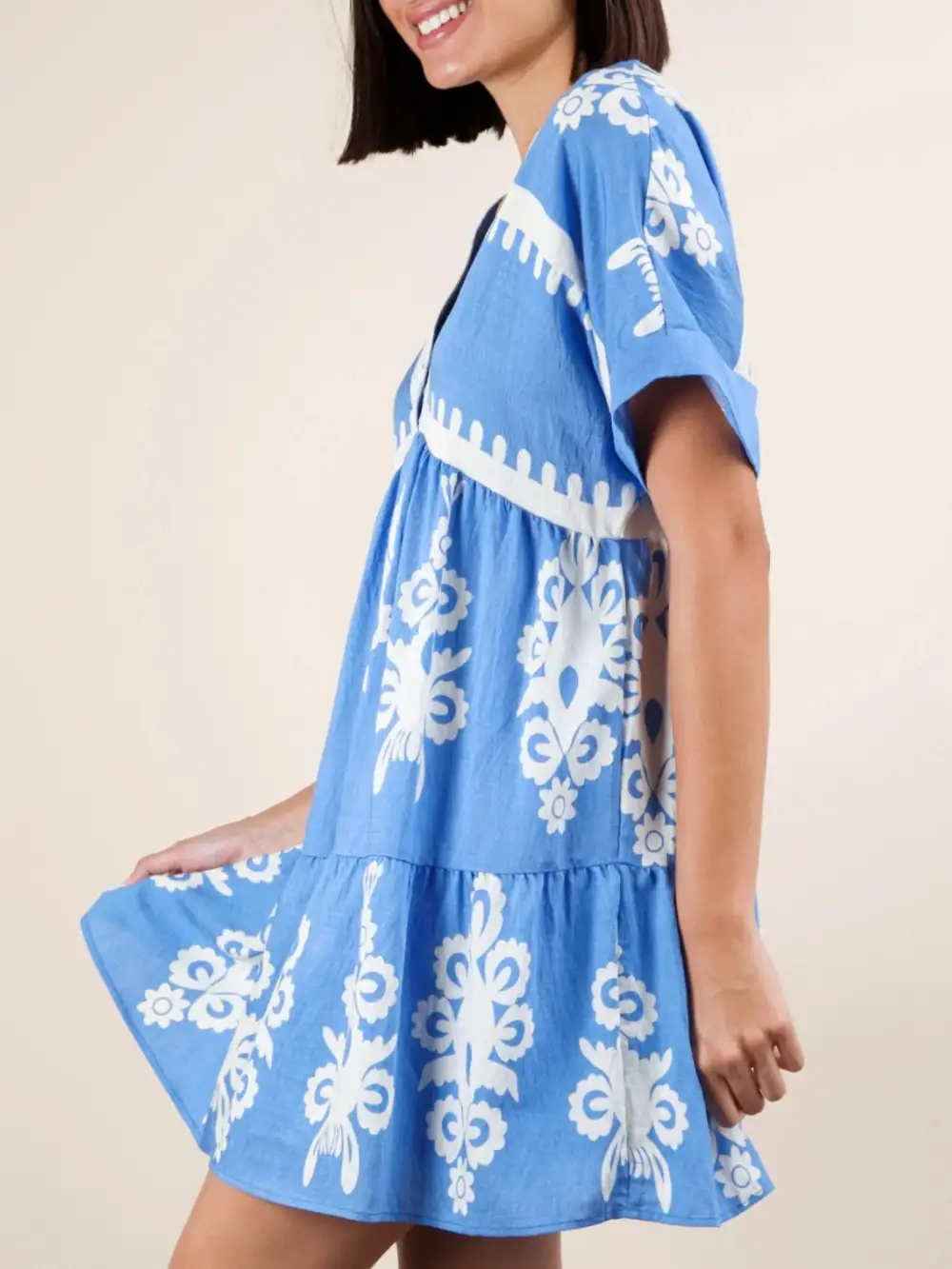 Printed V Neck Short Sleeve Mini Dress