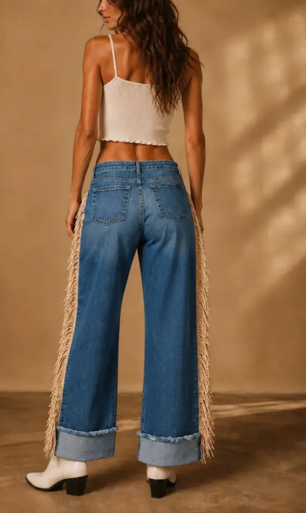 Fringe Detail Western Style Wide Leg Cuffed Low Rise Denim Jeans