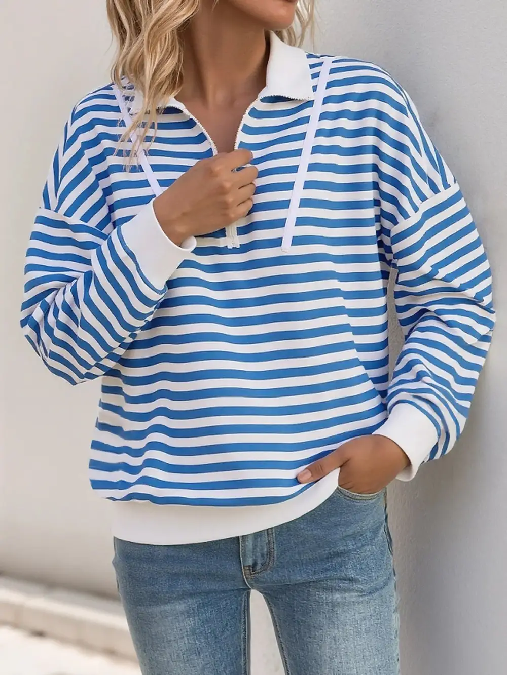 Quarter-Zip Drawstring Long-Sleeve Striped Hoodie