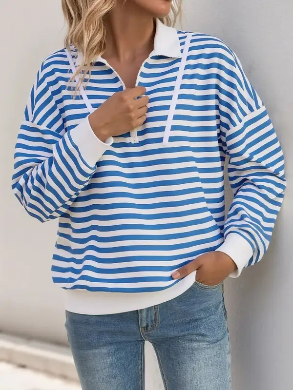 Quarter-Zip Drawstring Long-Sleeve Striped Hoodie