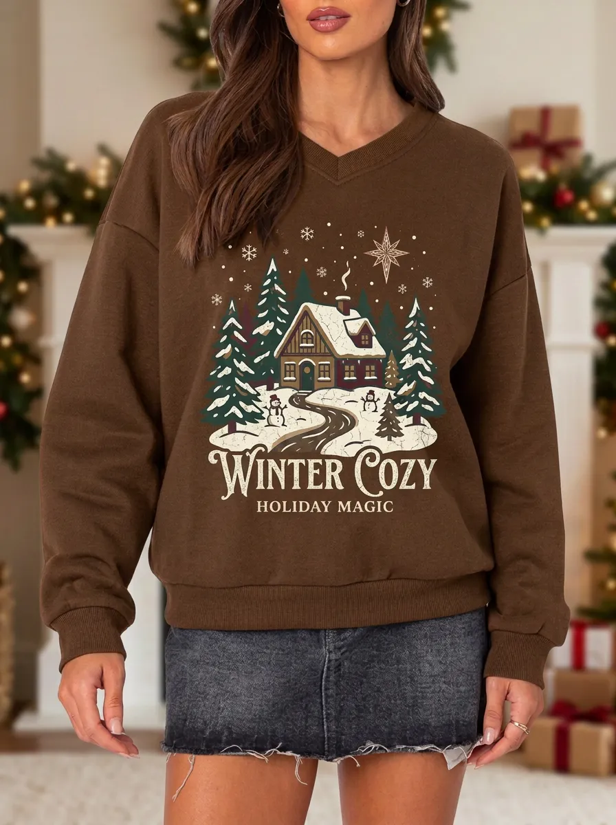 Christmas Winter Cozy Cabin Snowman Print Sweatshirt
