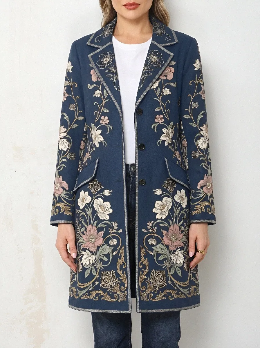Women's Contrast Piping Vintage Floral Embroidery Long Coat