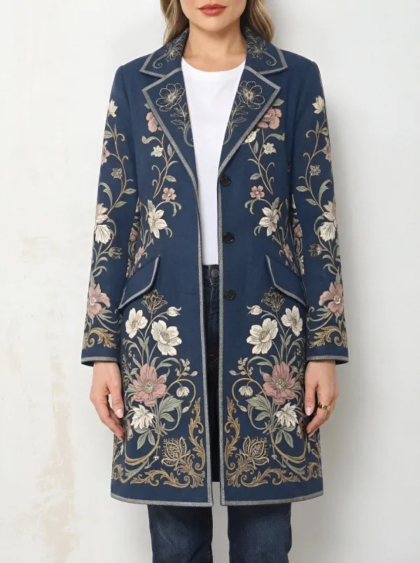 Women's Contrast Piping Vintage Floral Embroidery Long Coat