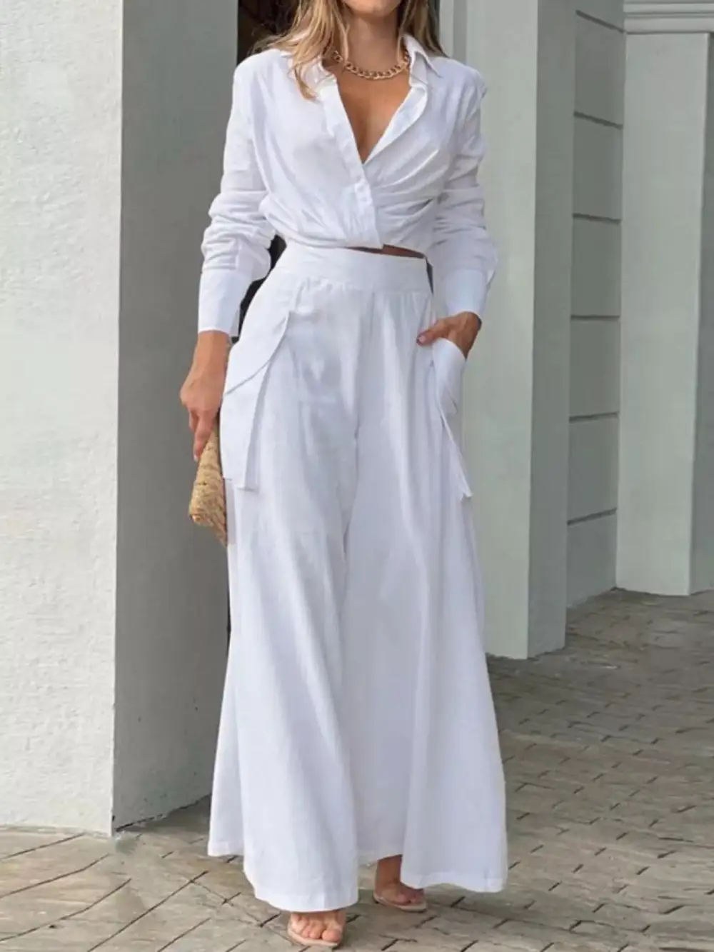 Long Sleeve Shirt Wide Leg Pants Set