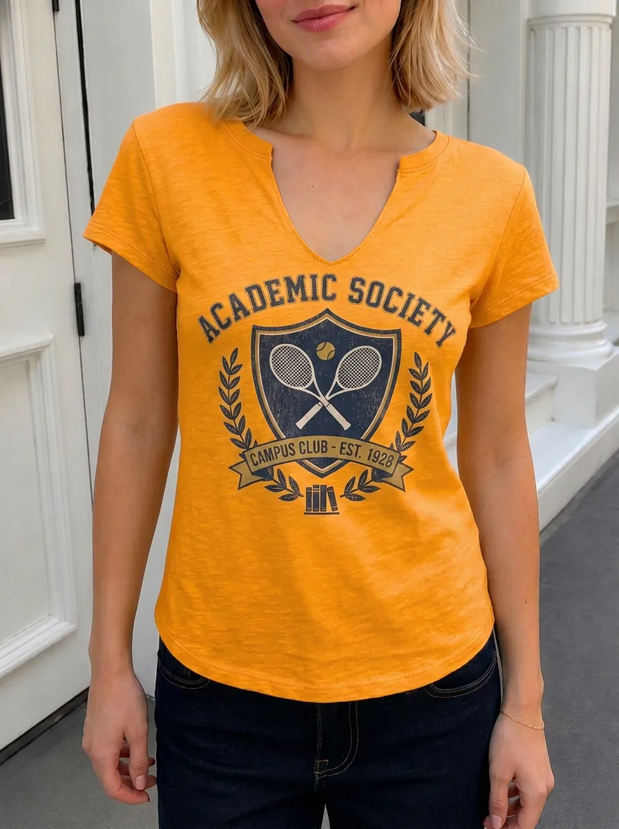 Women's Tennis Lover Academic Society Shield Printed V-neck T-shirt