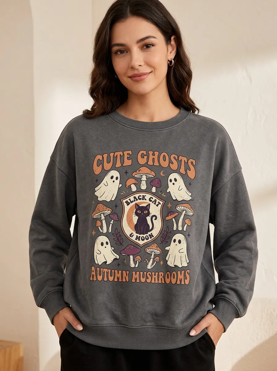 Women's Halloween Ghost Black Cat Mushroom Printed Sweatshirt