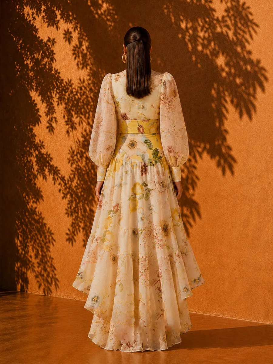 Gabriella Printed High-Neck Top with Puff Sleeves & Full-Flare Skirt