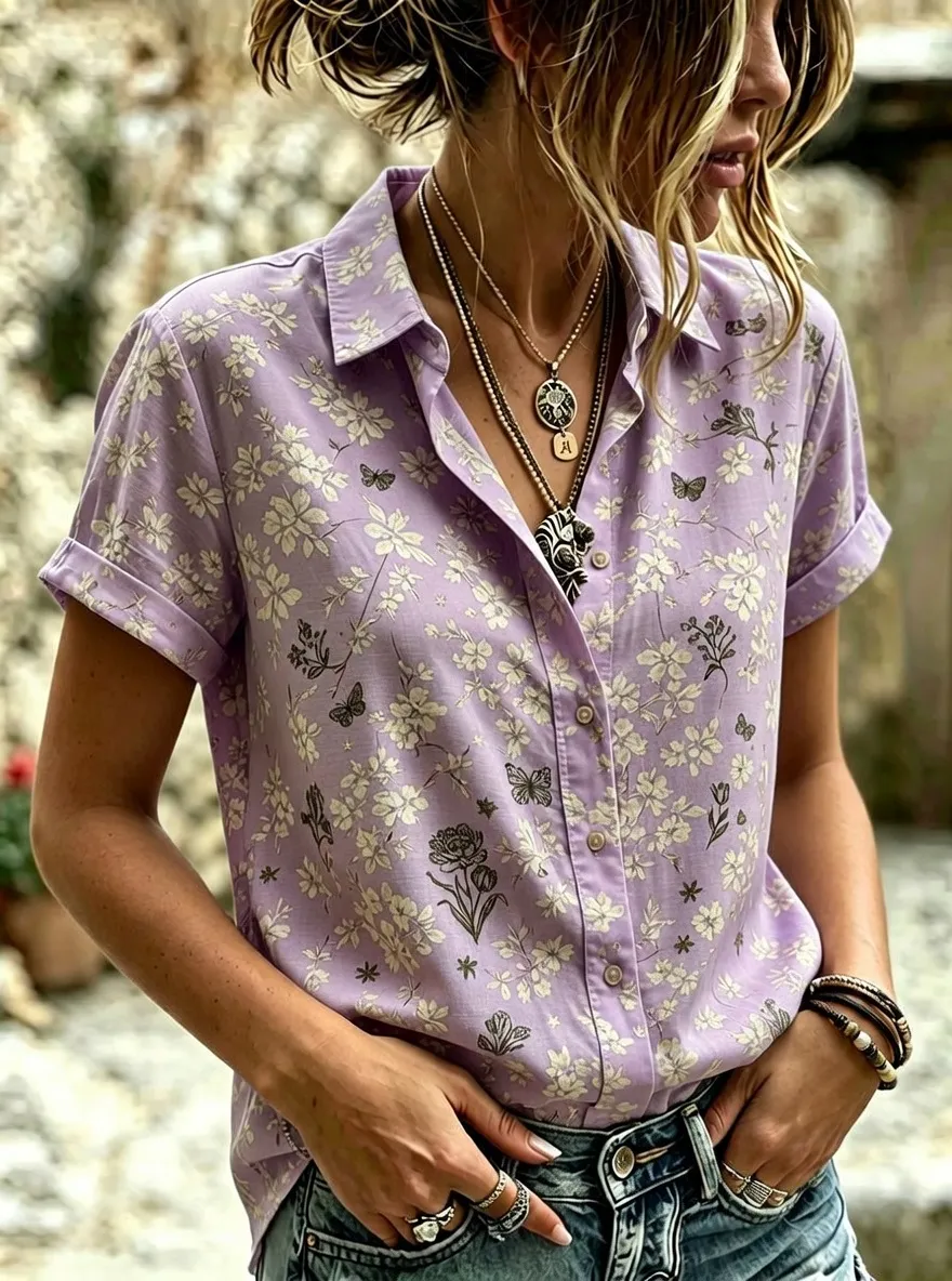 Women's Floral Butterfly Nature Printed Short Sleeve Button Shirt